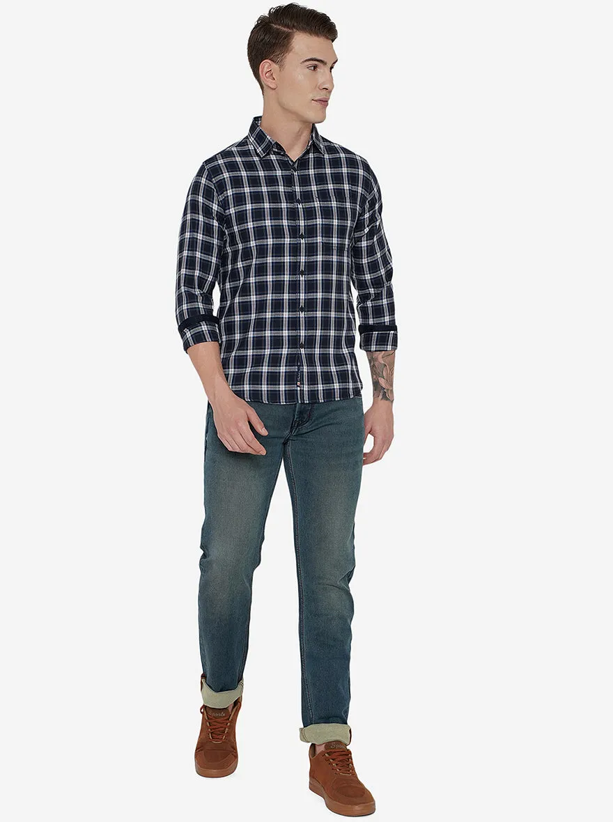 Navy Blue Checked Slim Fit Semi Casual Shirt | Greenfibre