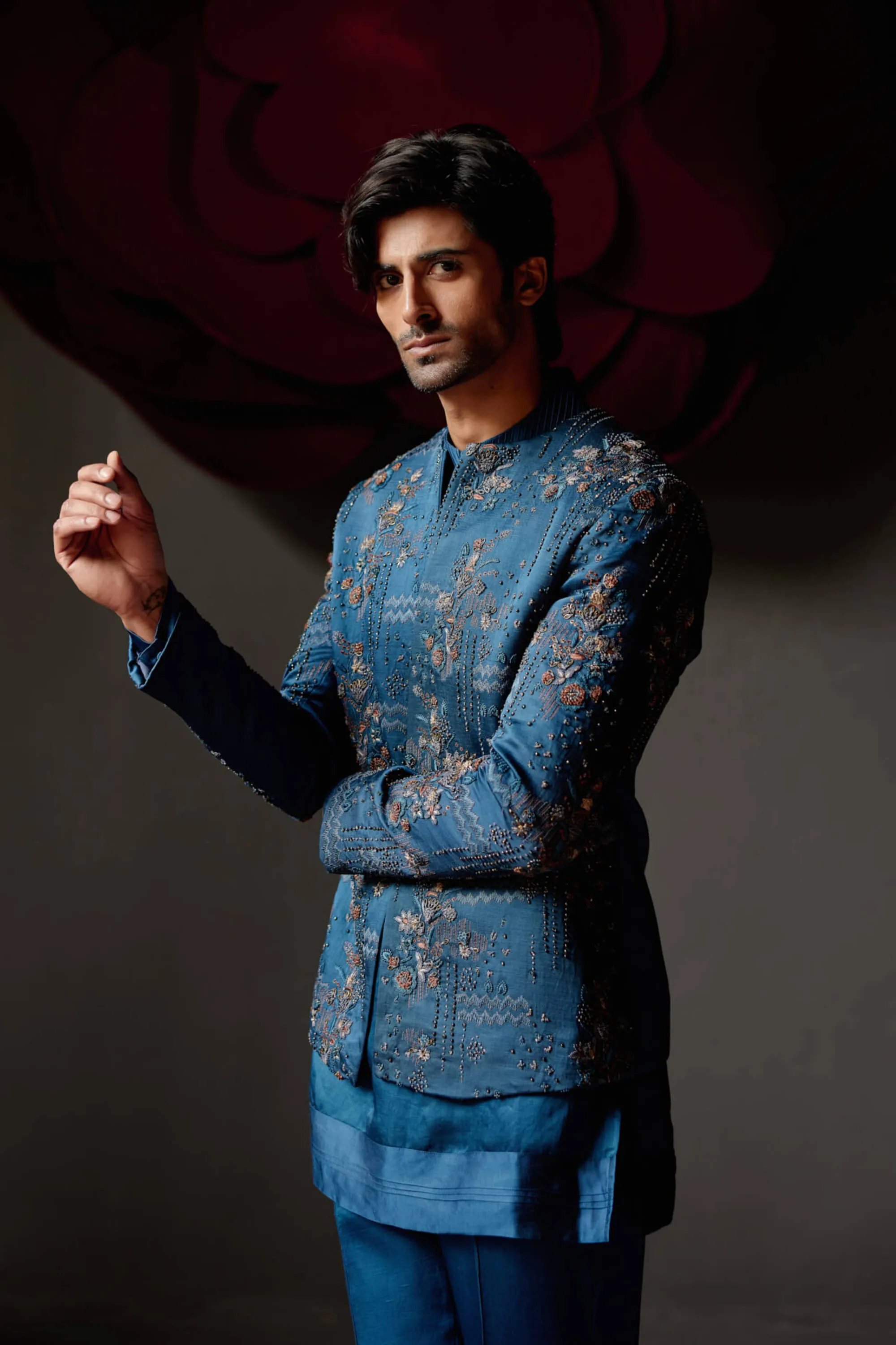 New teal short jacket and kurta set