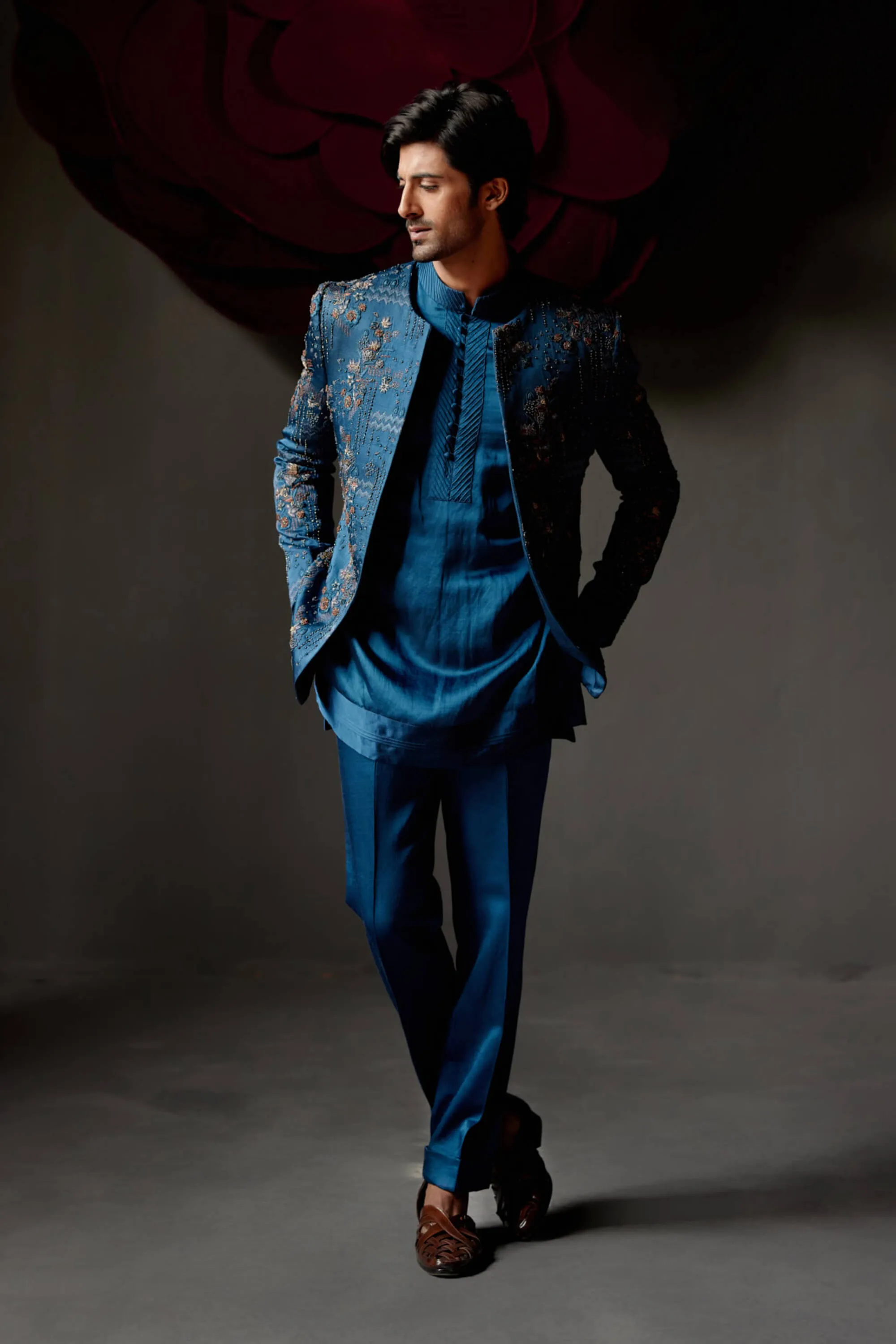New teal short jacket and kurta set