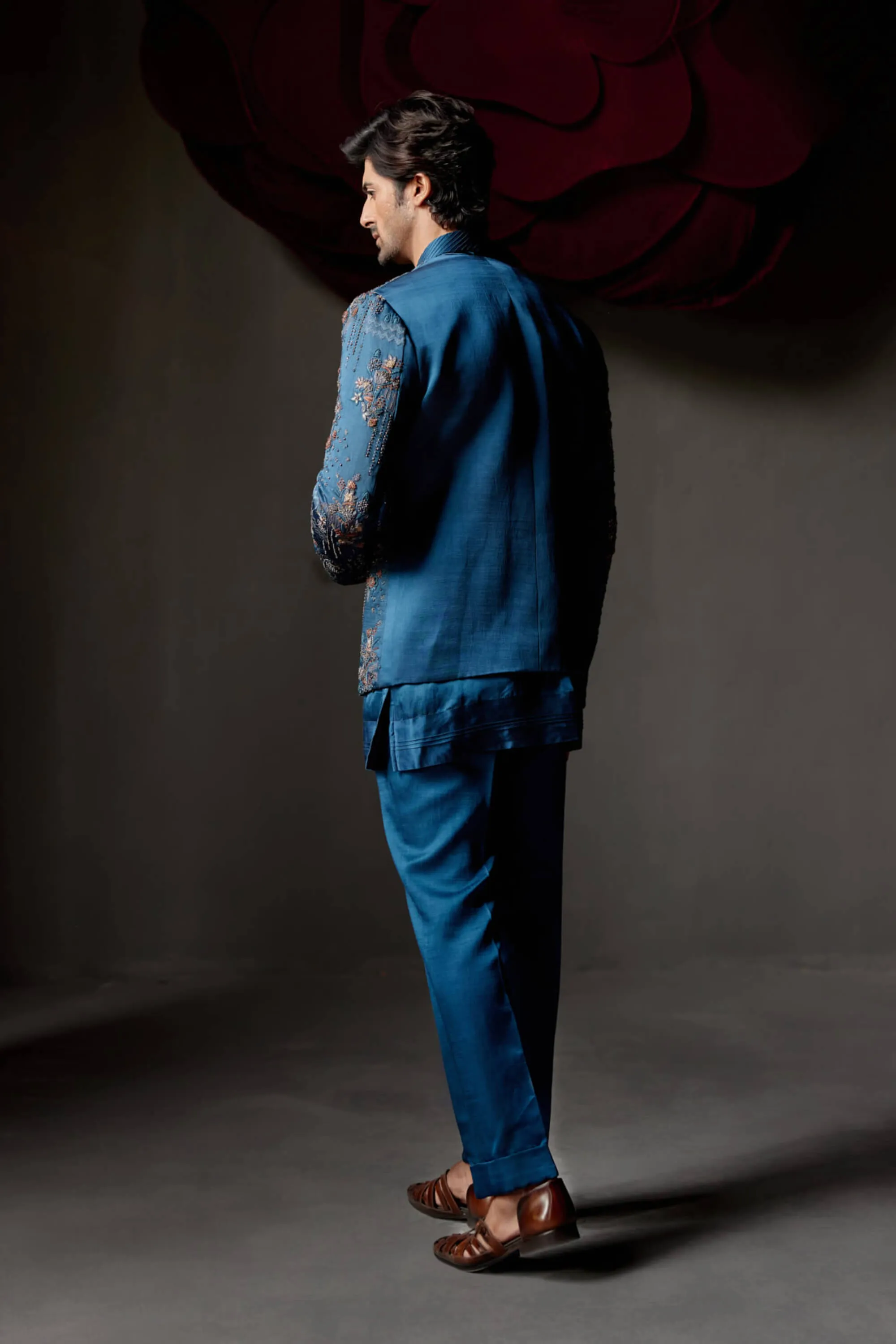 New teal short jacket and kurta set