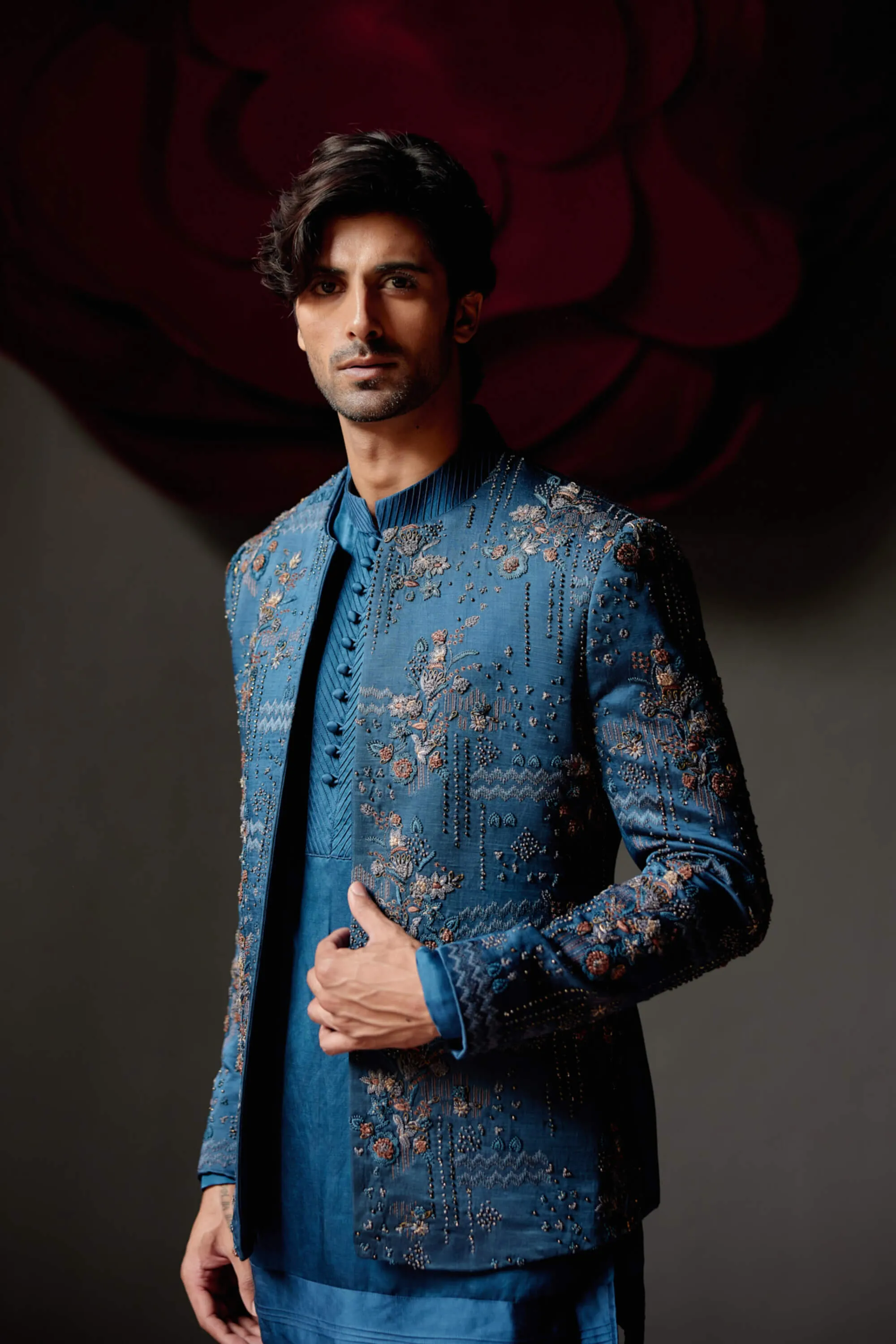 New teal short jacket and kurta set