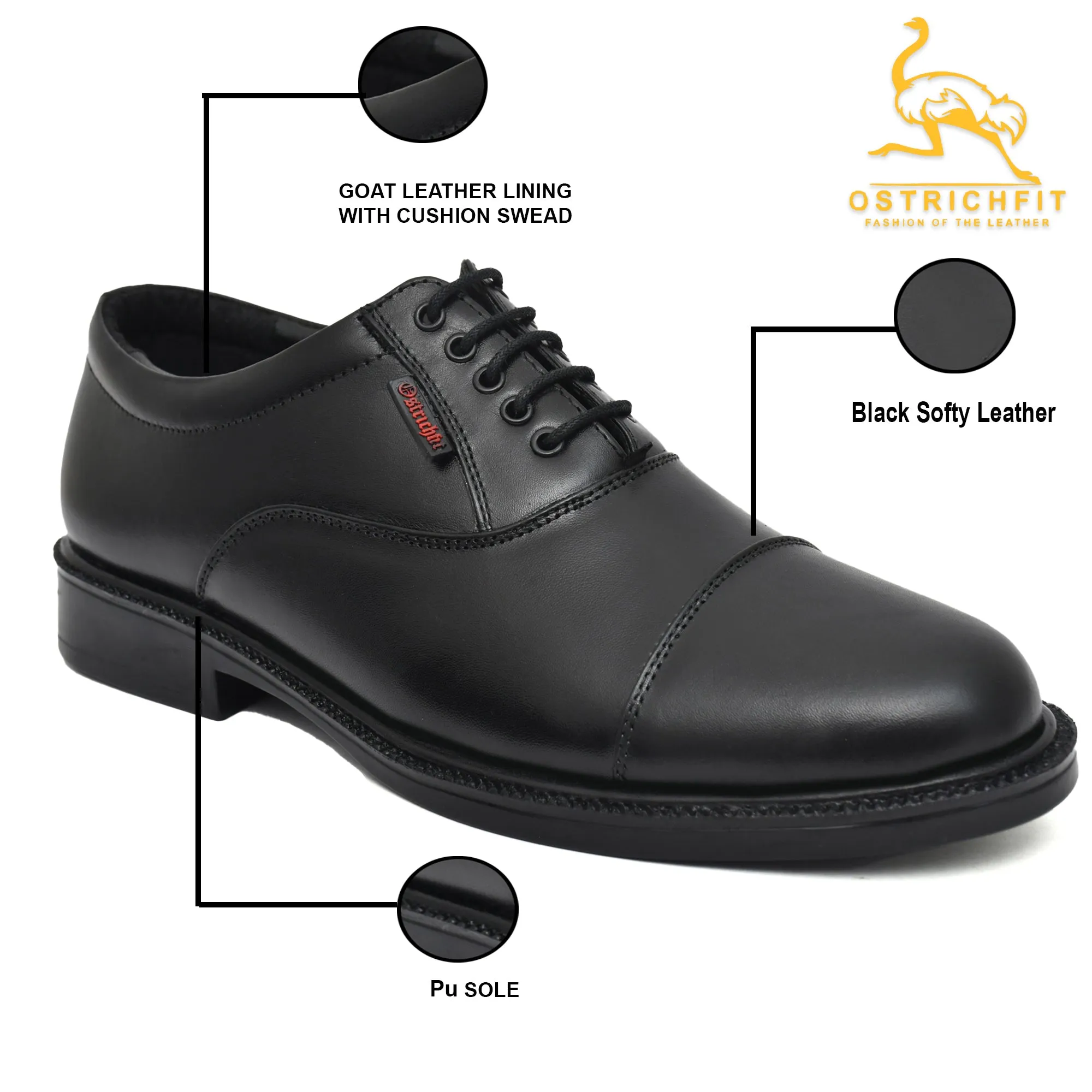 OstrichFit HANDCRAFTED OXFORD BLACK PLAIN FORMAL LACEUP DERBY SHOES WITH CAP TOE FOR MEN ART OF -PS101 BLK Article no: 02