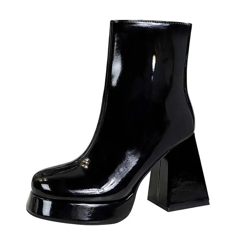 Patent Leather Round Toe Ankle Boots Women Designer Platform Heel Pole Dancing Shoes