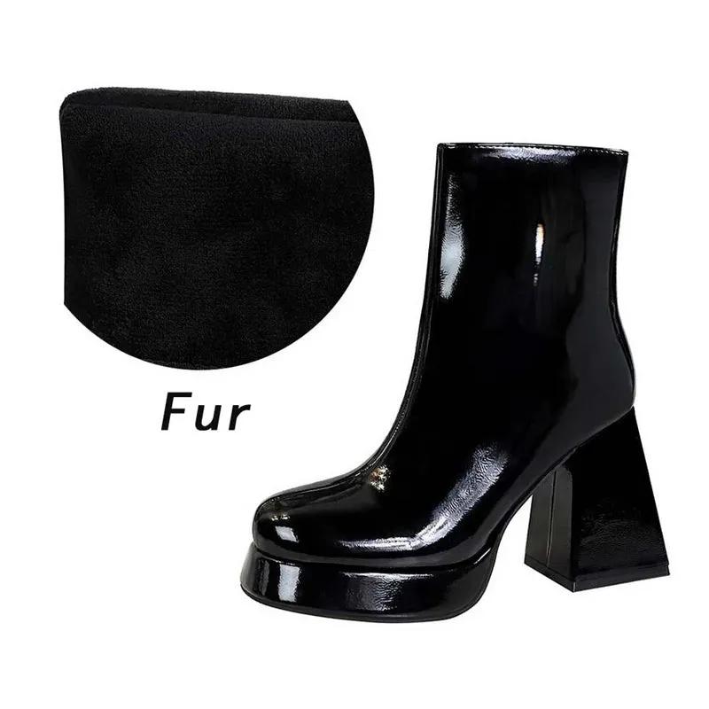 Patent Leather Round Toe Ankle Boots Women Designer Platform Heel Pole Dancing Shoes