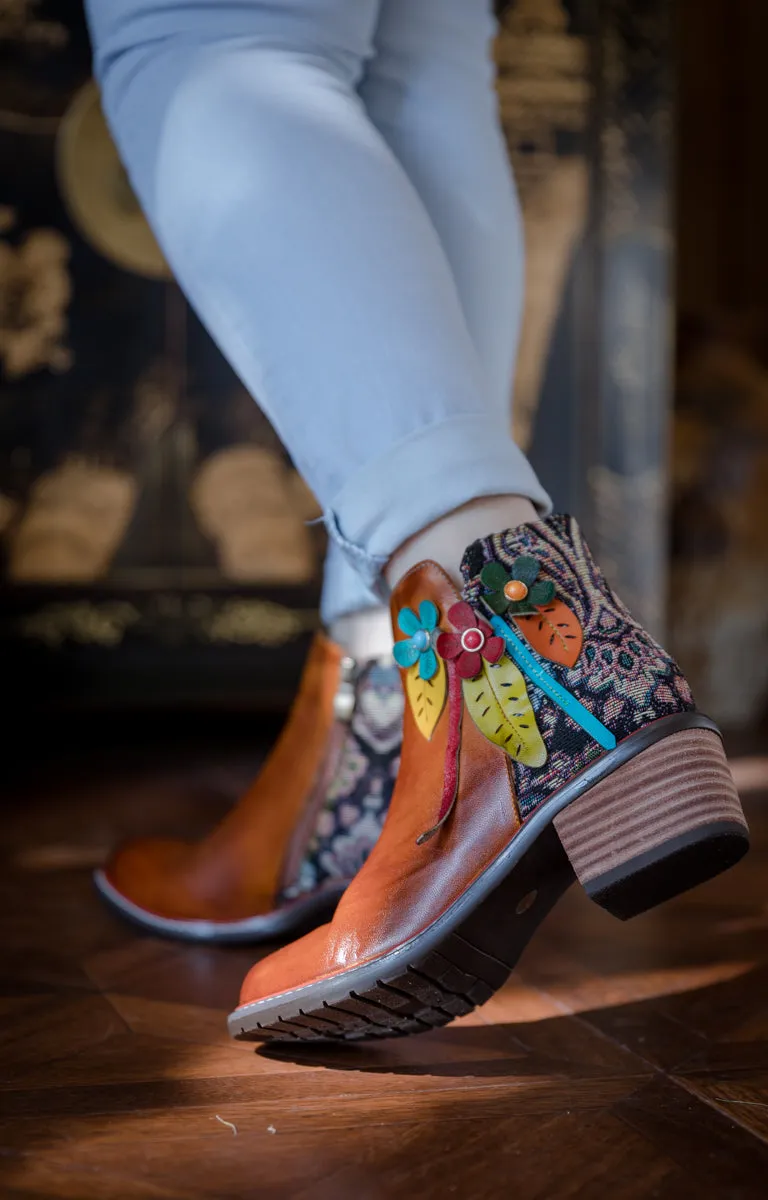 Petal Applique Leather Ankle Boot