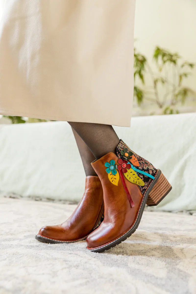 Petal Applique Leather Ankle Boot