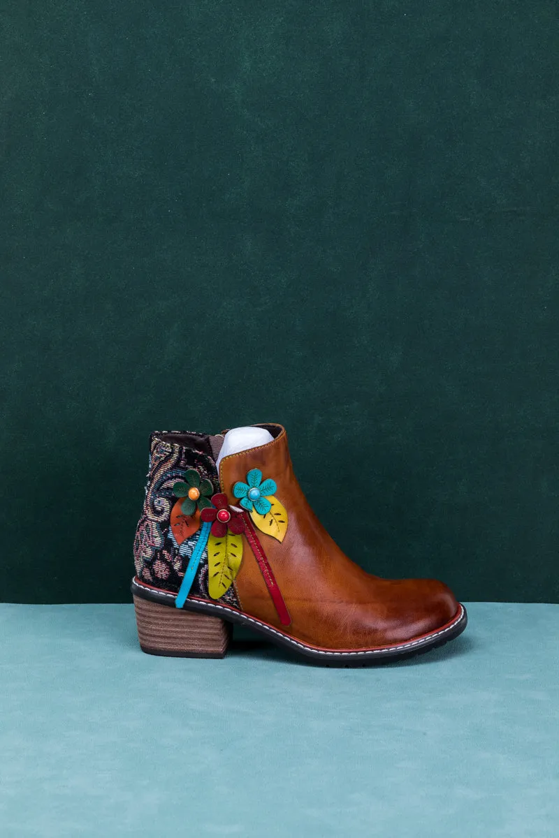 Petal Applique Leather Ankle Boot