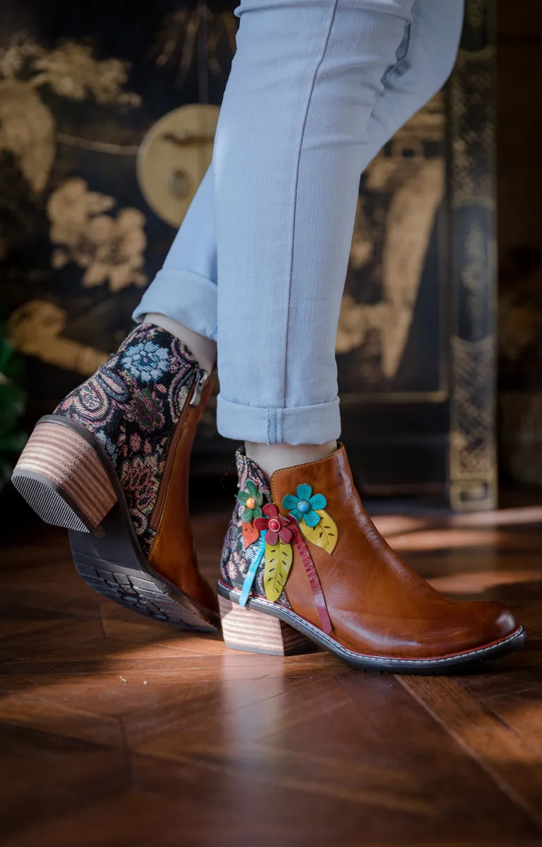 Petal Applique Leather Ankle Boot