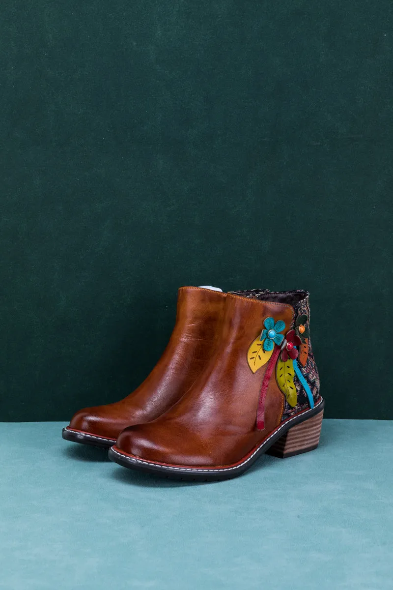 Petal Applique Leather Ankle Boot