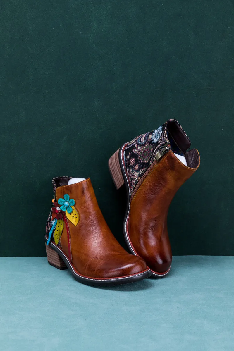 Petal Applique Leather Ankle Boot