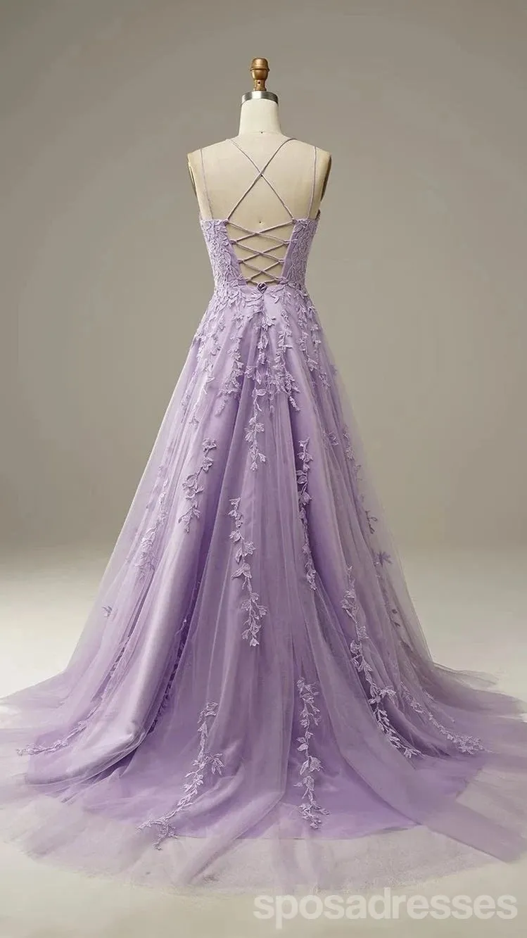 Purple A-line Spaghetti Straps Backless Cheap Long Prom Dresses Online,12813