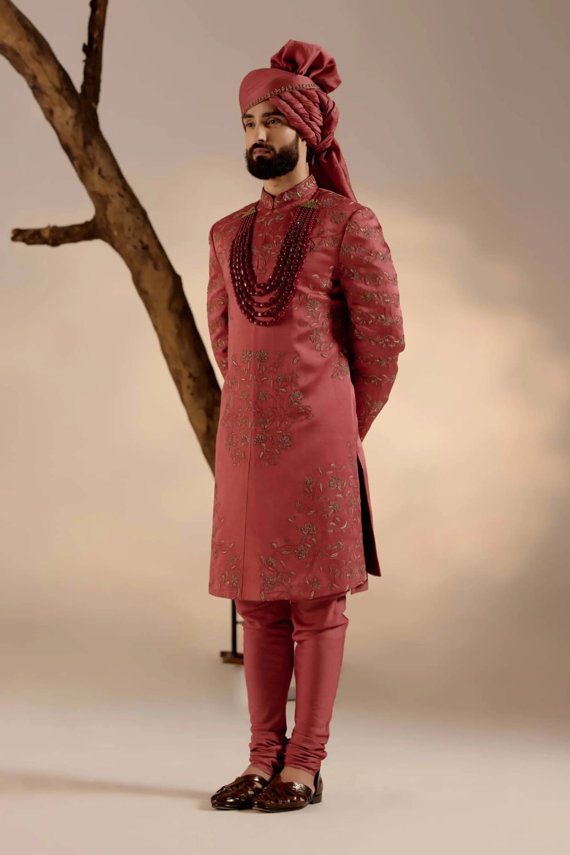 Red ochre linen silk sherwani set
