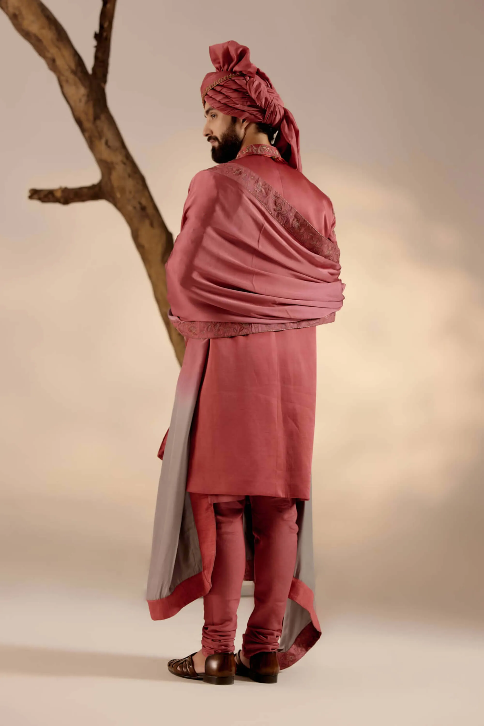 Red ochre linen silk sherwani set