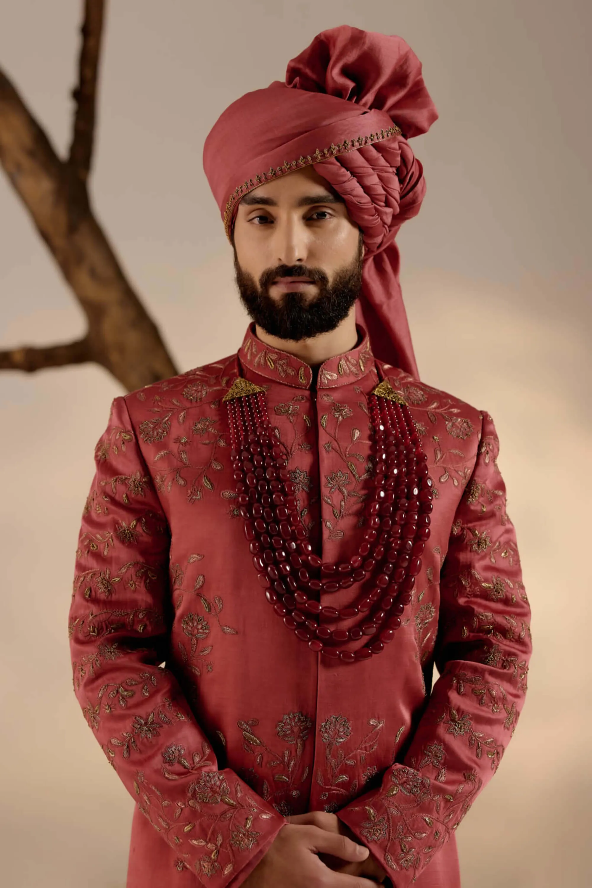 Red ochre linen silk sherwani set