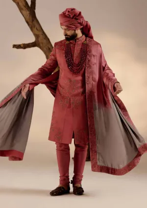 Red ochre linen silk sherwani set