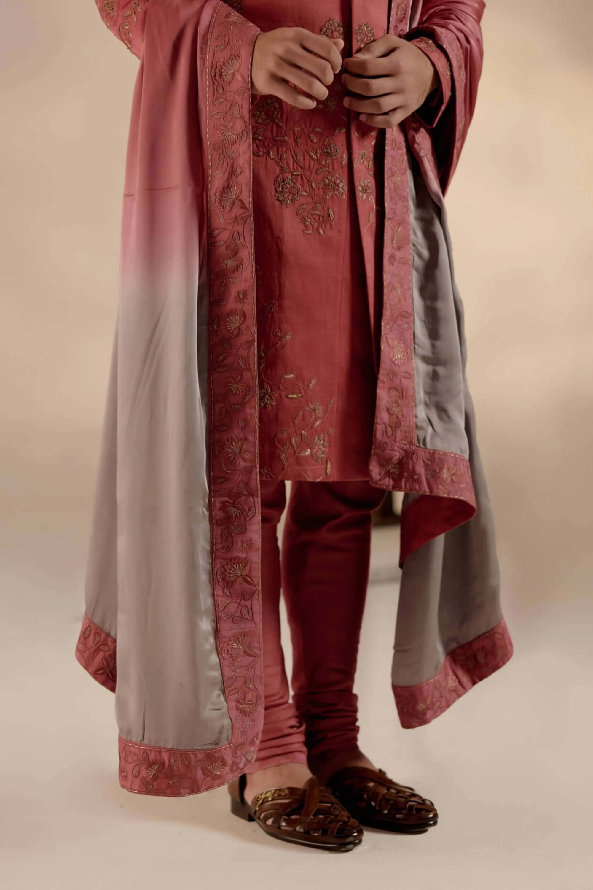 Red ochre linen silk sherwani set