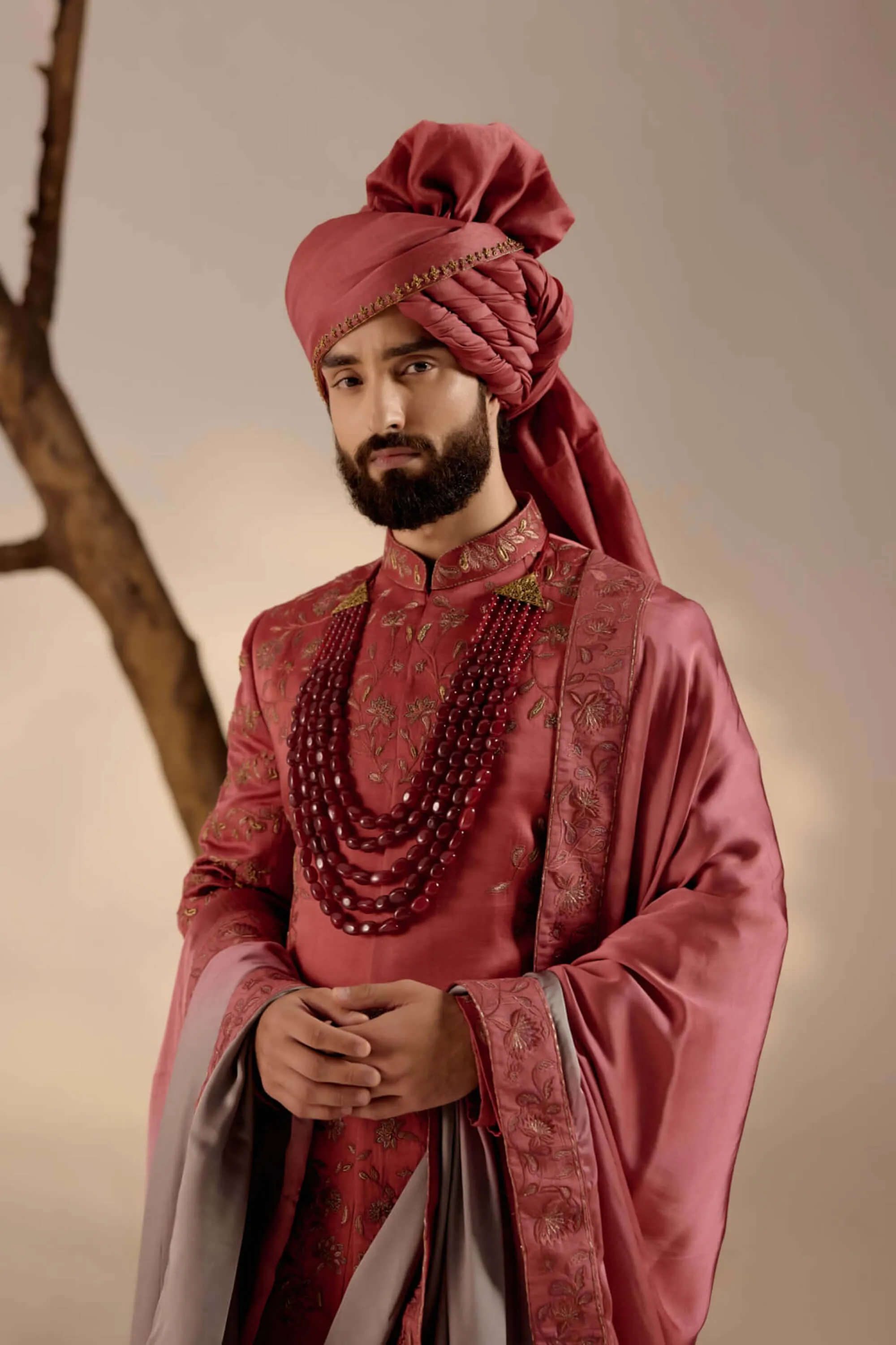 Red ochre linen silk sherwani set