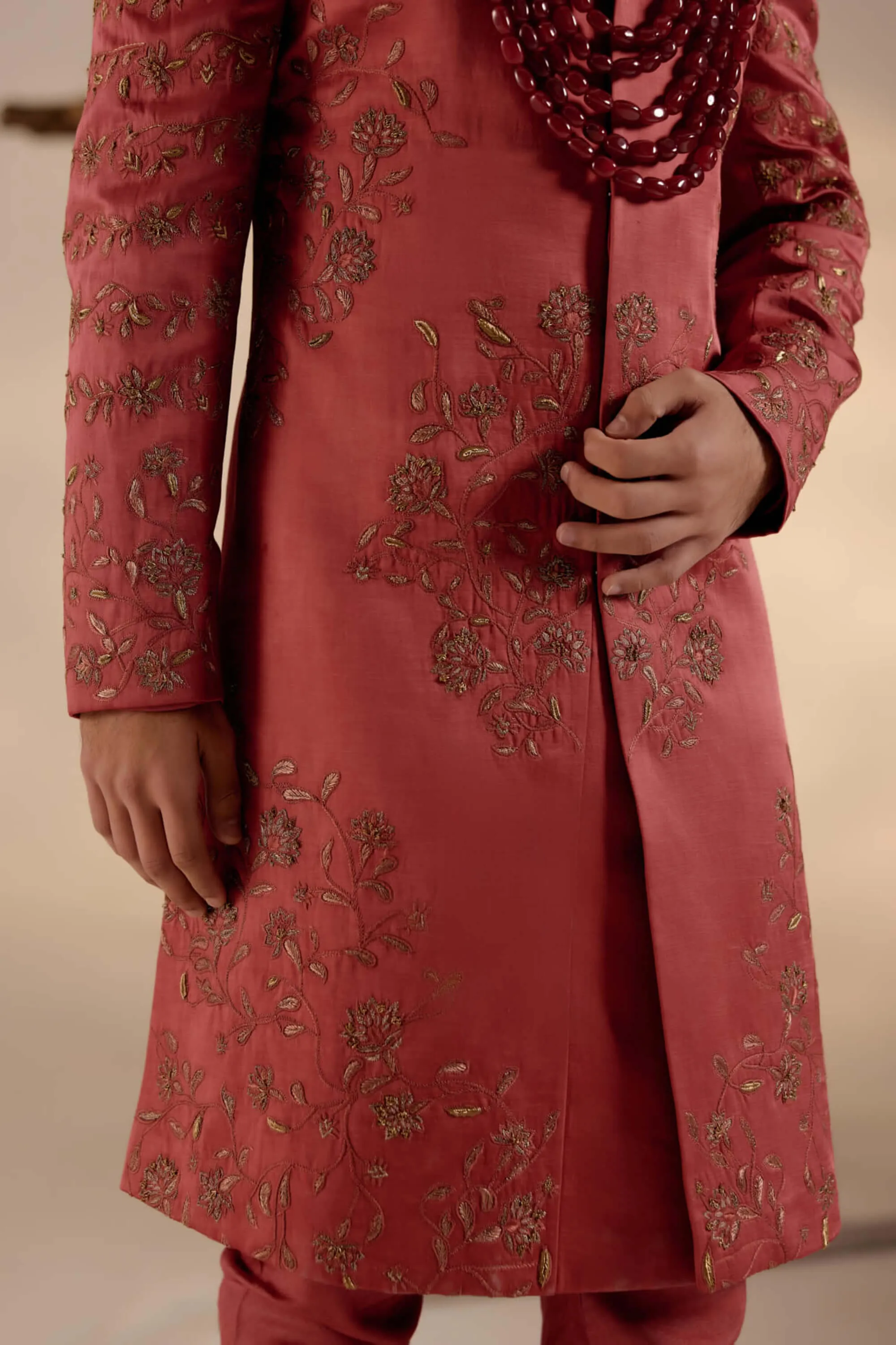 Red ochre linen silk sherwani set