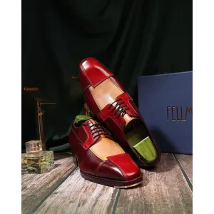 Red Triple Tone Mirror Glossed Patina Assymetric Derby With Metal Toe   Cuban Heel