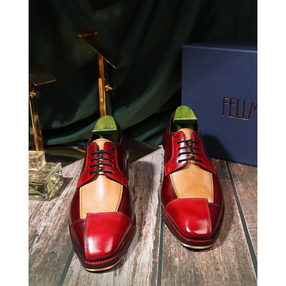 Red Triple Tone Mirror Glossed Patina Assymetric Derby With Metal Toe   Cuban Heel