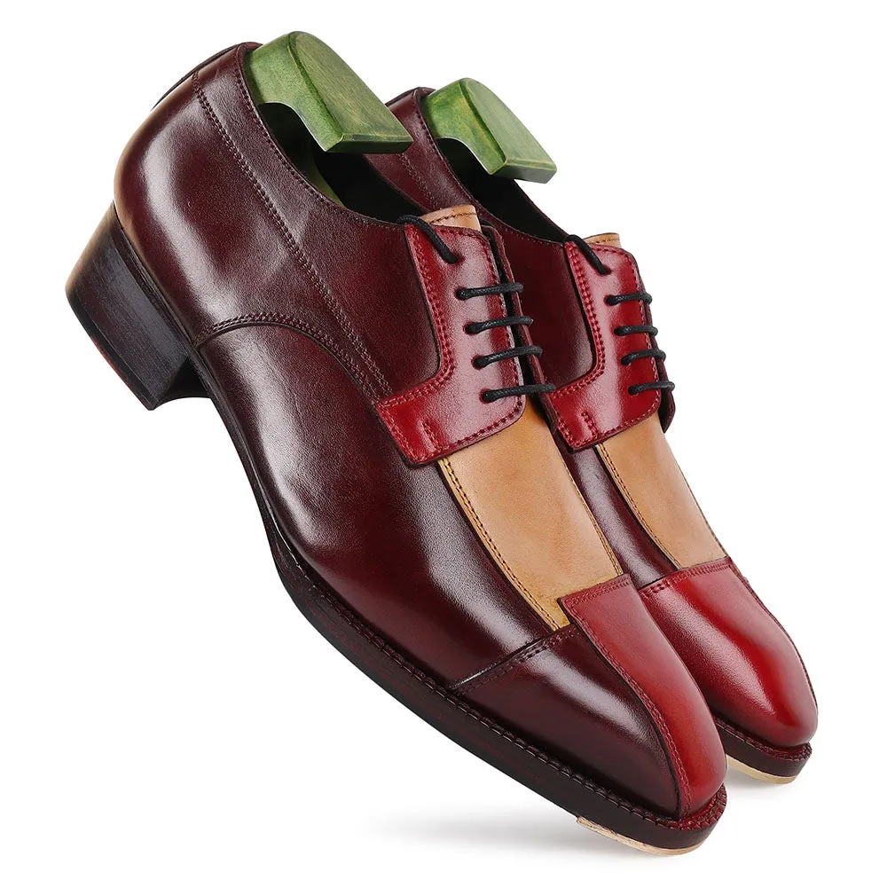 Red Triple Tone Mirror Glossed Patina Assymetric Derby With Metal Toe   Cuban Heel