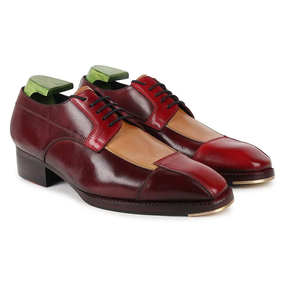 Red Triple Tone Mirror Glossed Patina Assymetric Derby With Metal Toe   Cuban Heel
