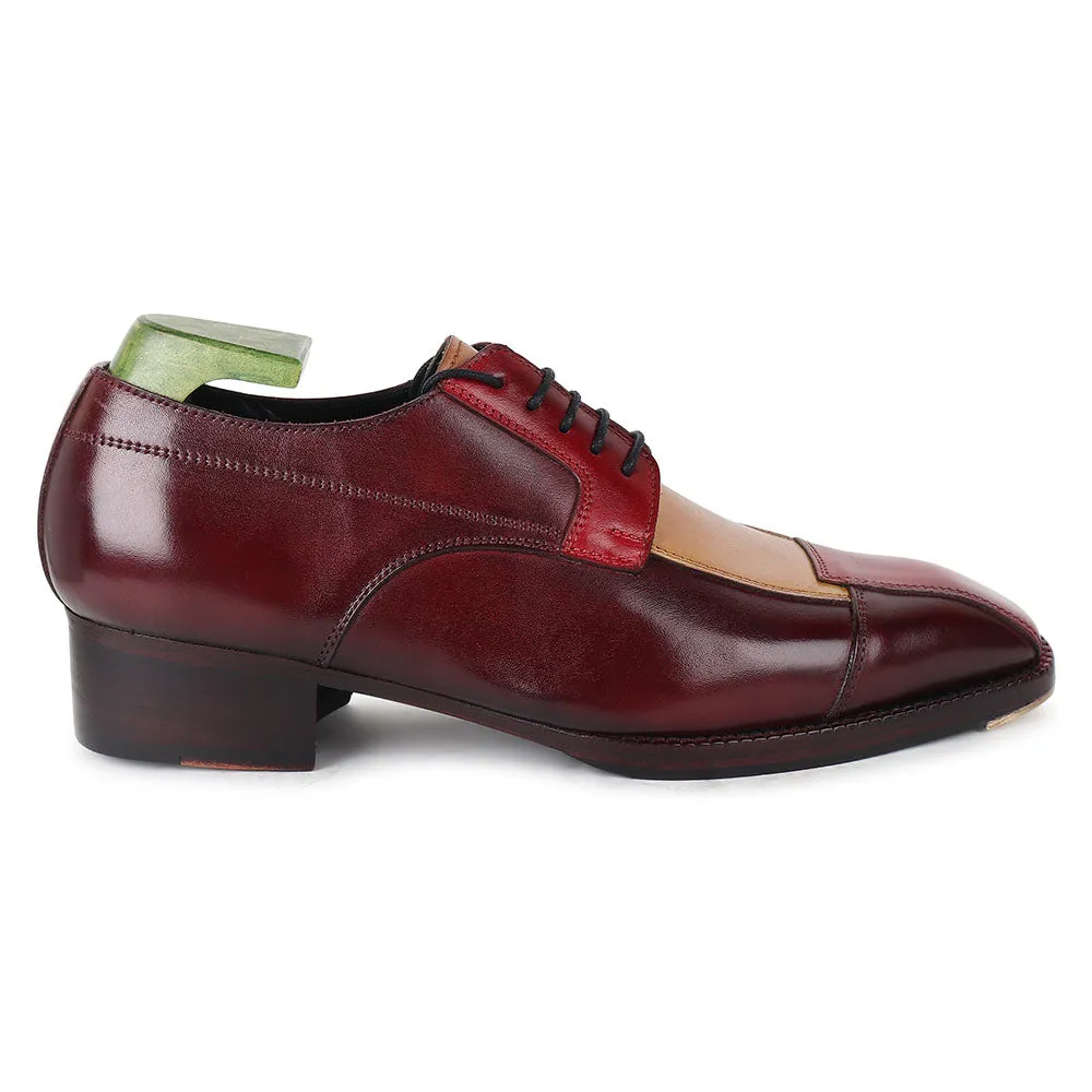 Red Triple Tone Mirror Glossed Patina Assymetric Derby With Metal Toe   Cuban Heel