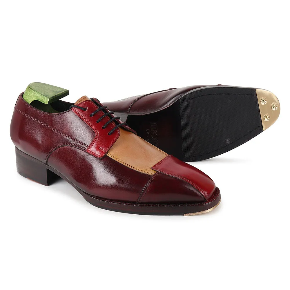 Red Triple Tone Mirror Glossed Patina Assymetric Derby With Metal Toe   Cuban Heel