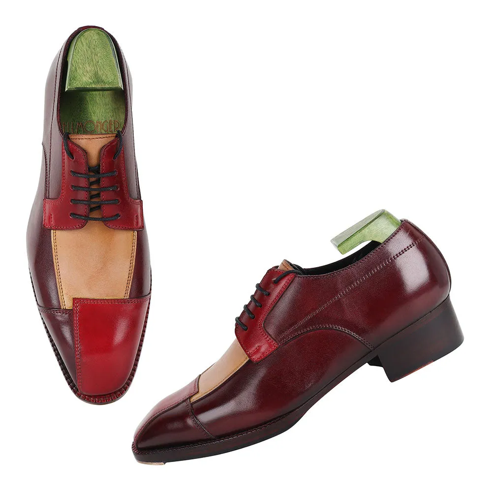 Red Triple Tone Mirror Glossed Patina Assymetric Derby With Metal Toe   Cuban Heel