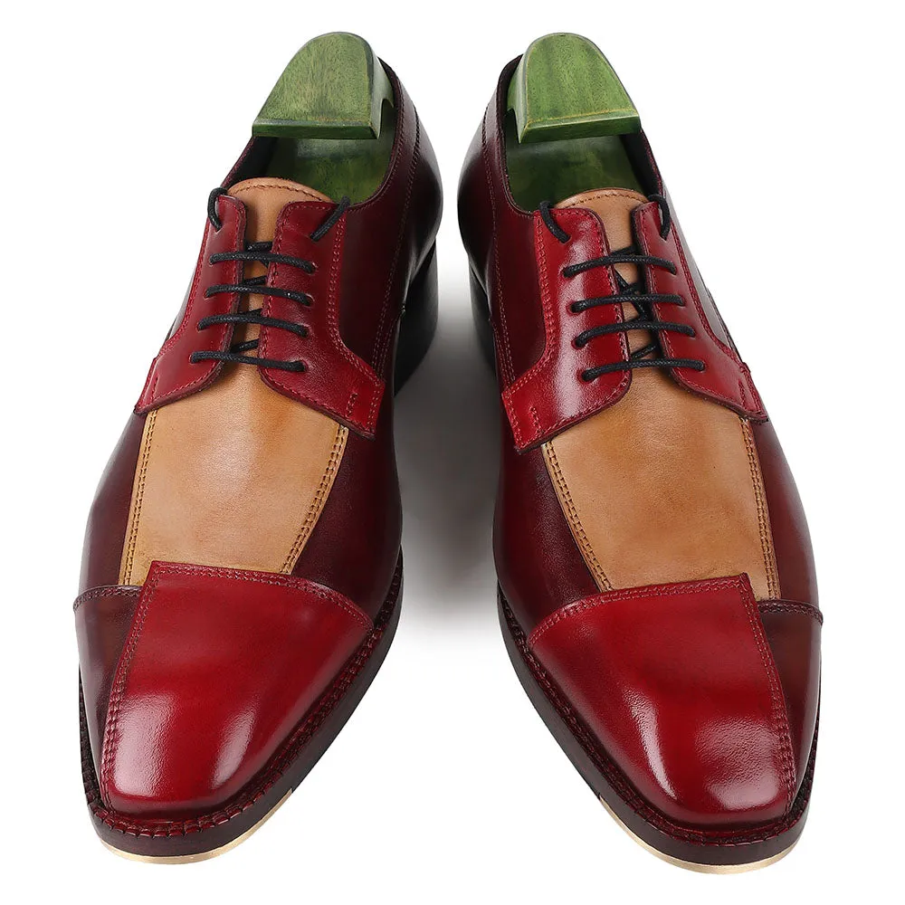 Red Triple Tone Mirror Glossed Patina Assymetric Derby With Metal Toe   Cuban Heel