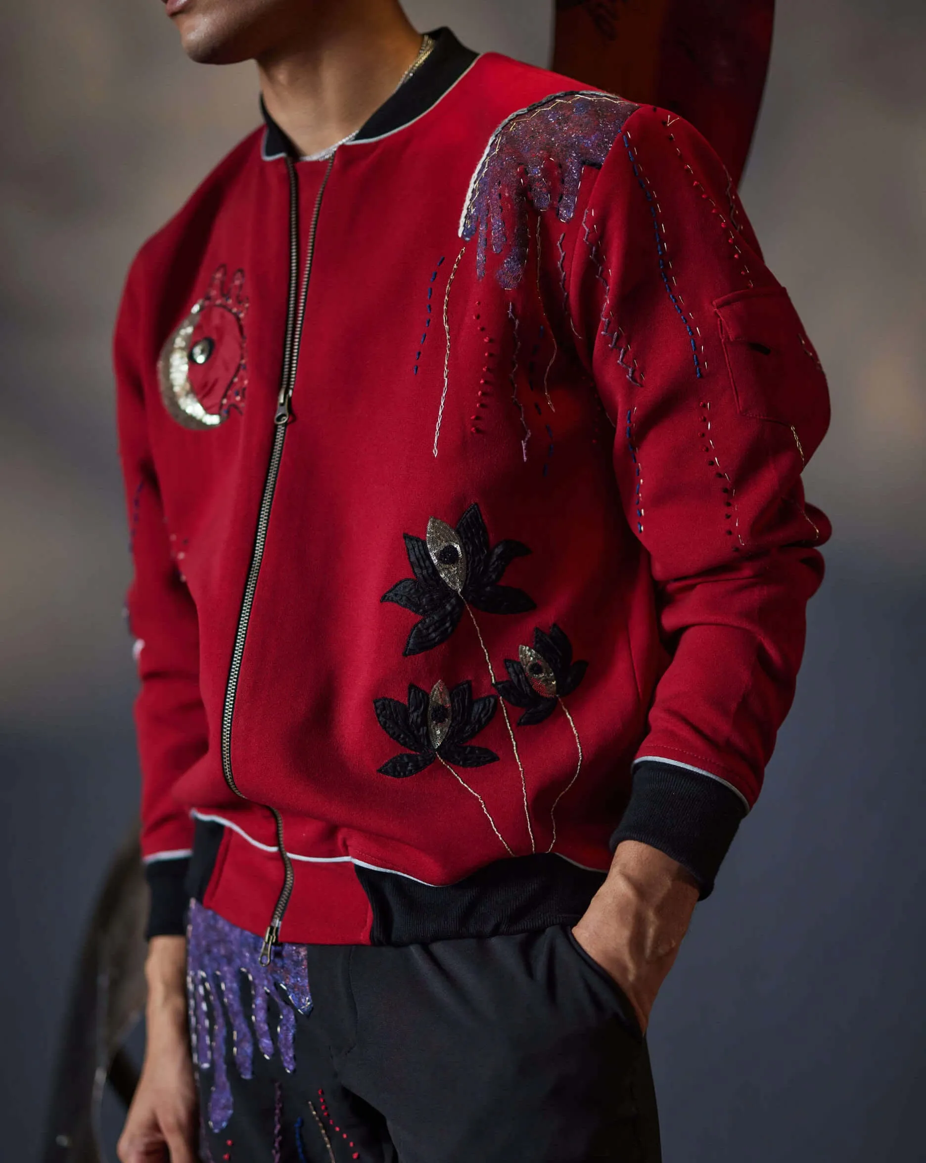 Red veiled heart bomber and trousers