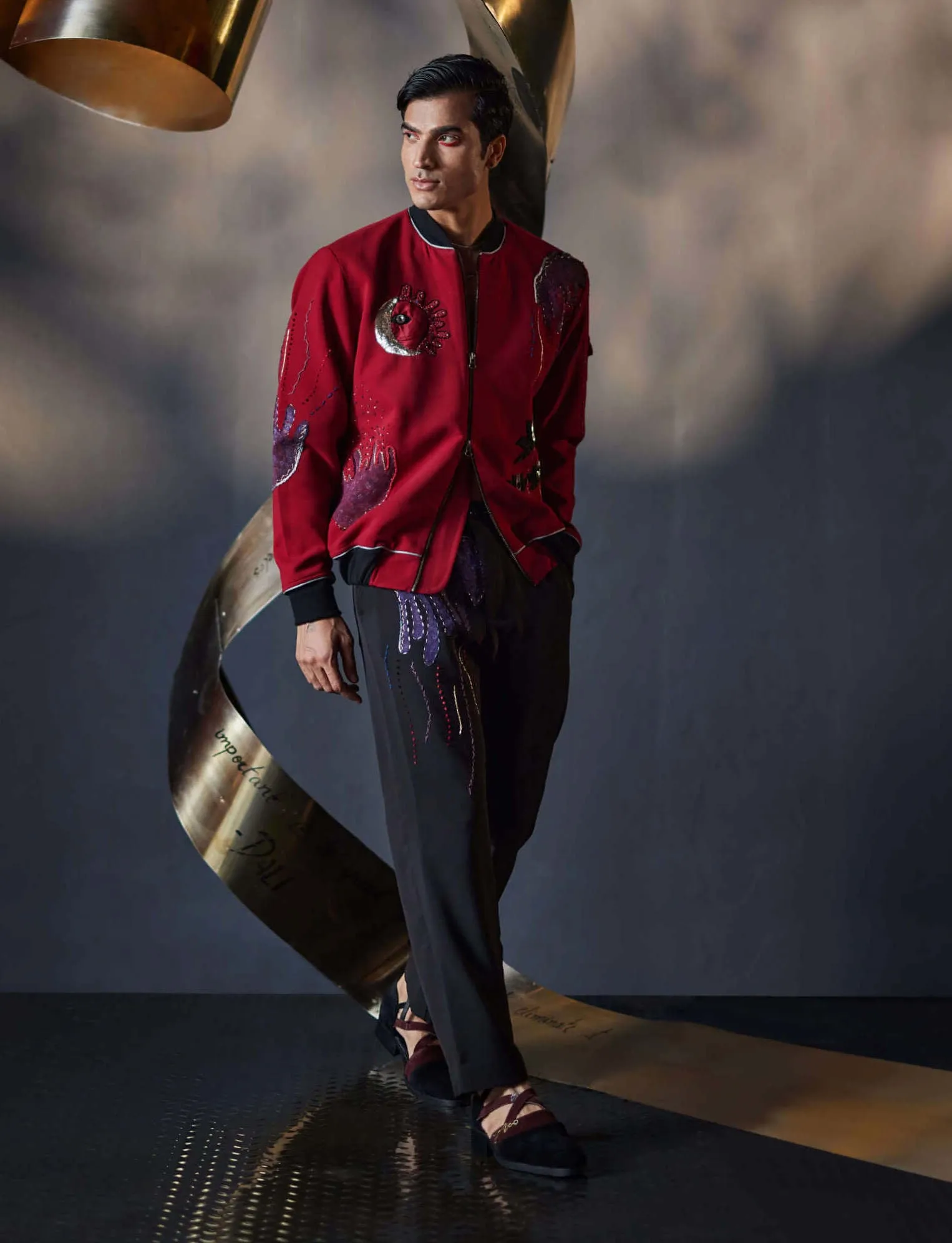 Red veiled heart bomber and trousers