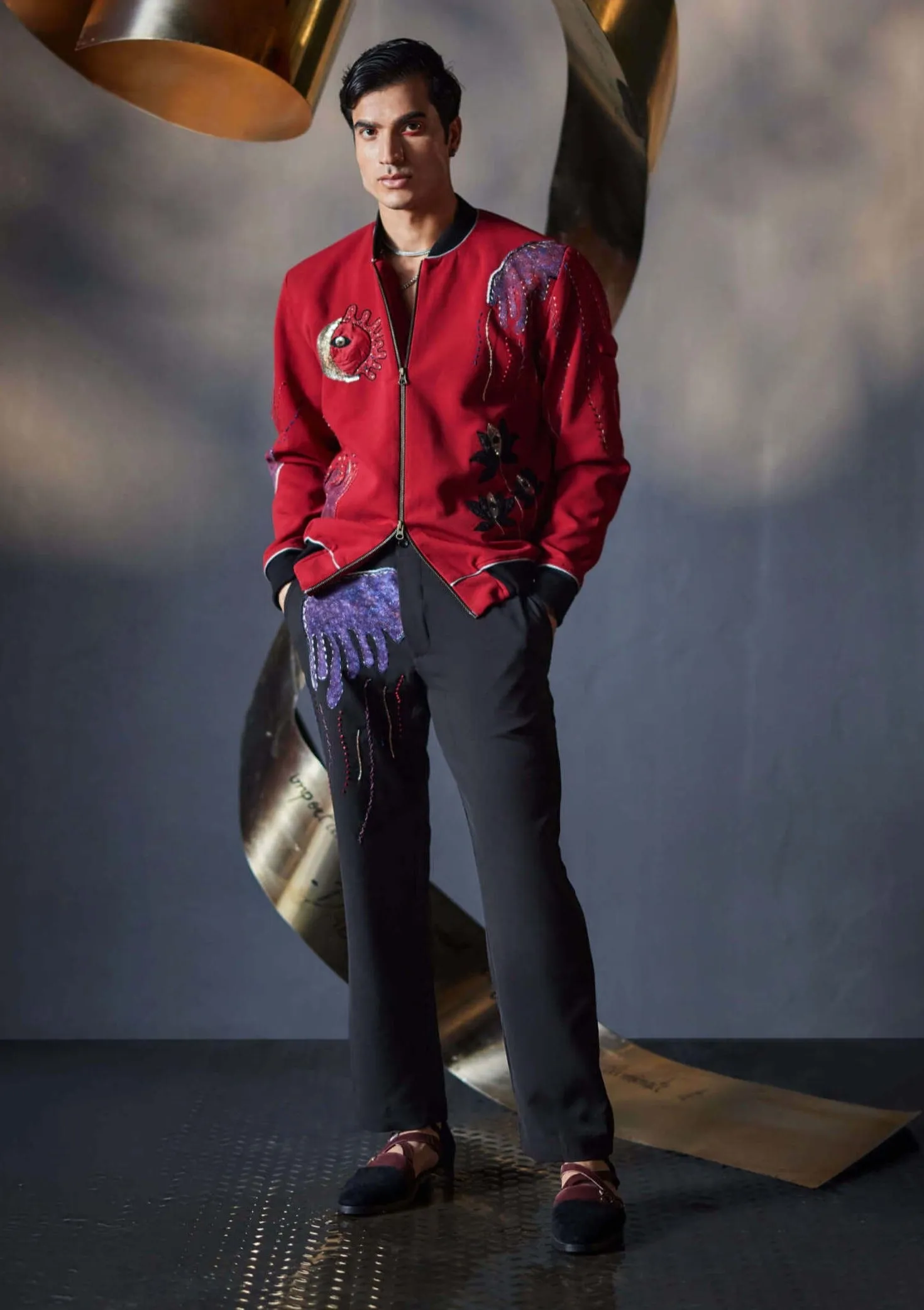 Red veiled heart bomber and trousers