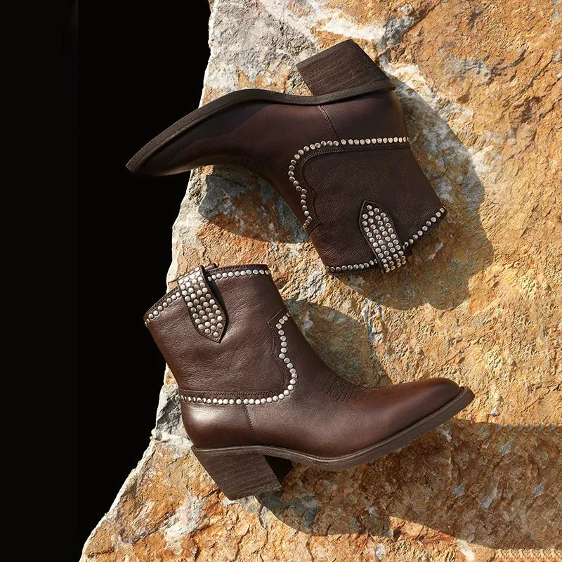 Rivet Embroidery Leather Ankle Boots