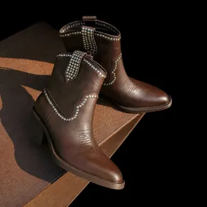 Rivet Embroidery Leather Ankle Boots