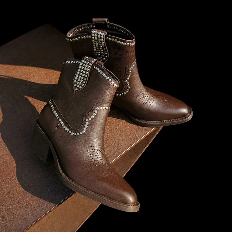 Rivet Embroidery Leather Ankle Boots