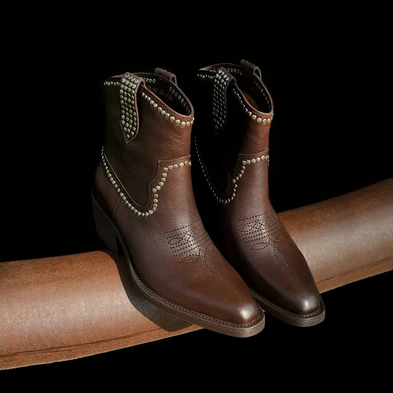 Rivet Embroidery Leather Ankle Boots