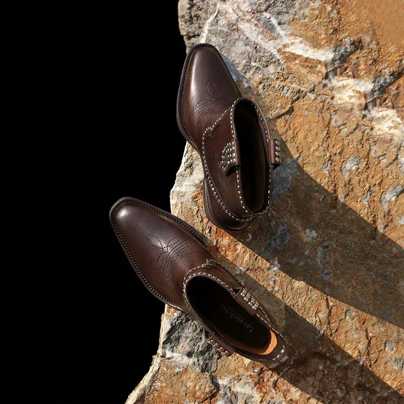 Rivet Embroidery Leather Ankle Boots