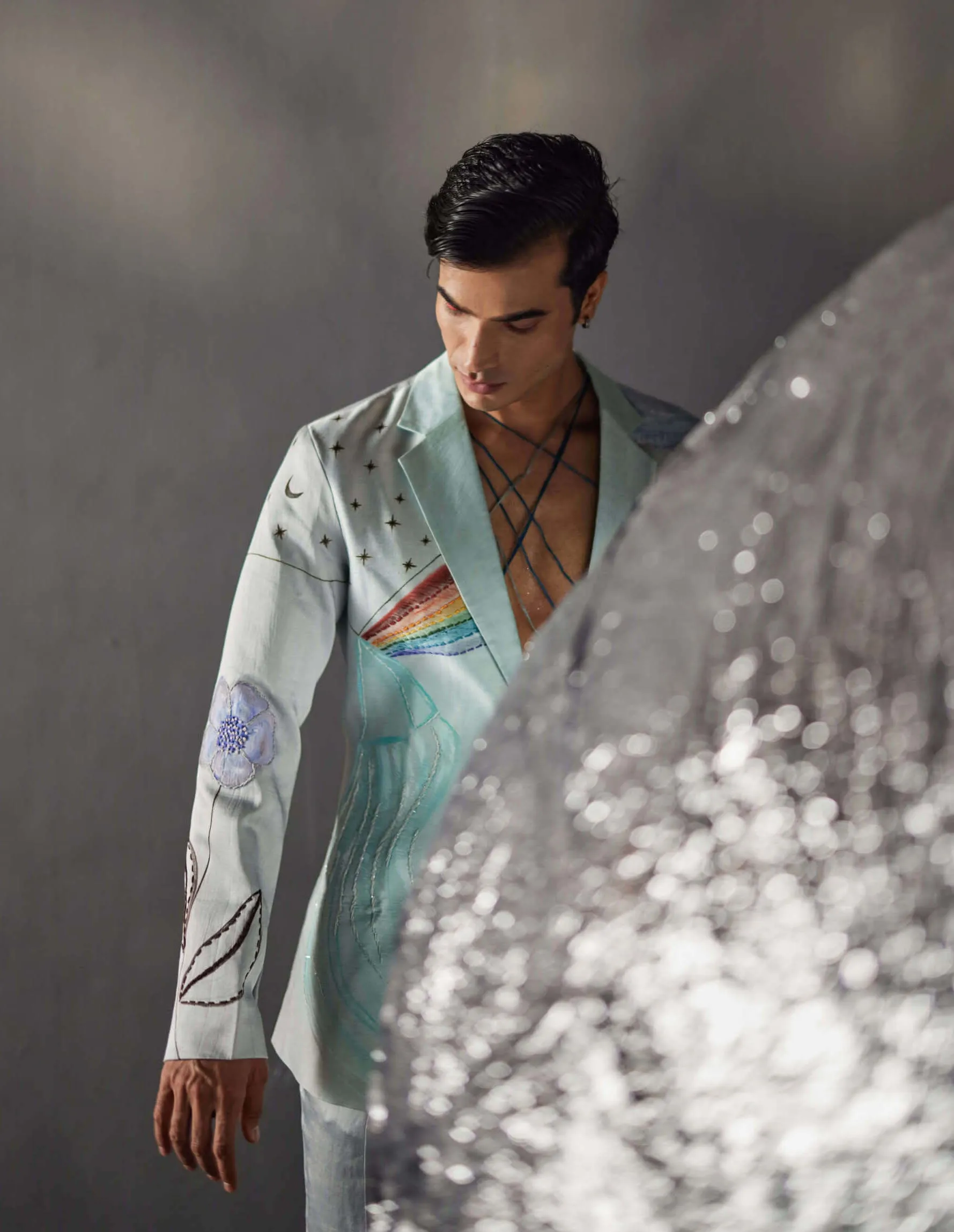Silver and sky blue overshirt and trouser