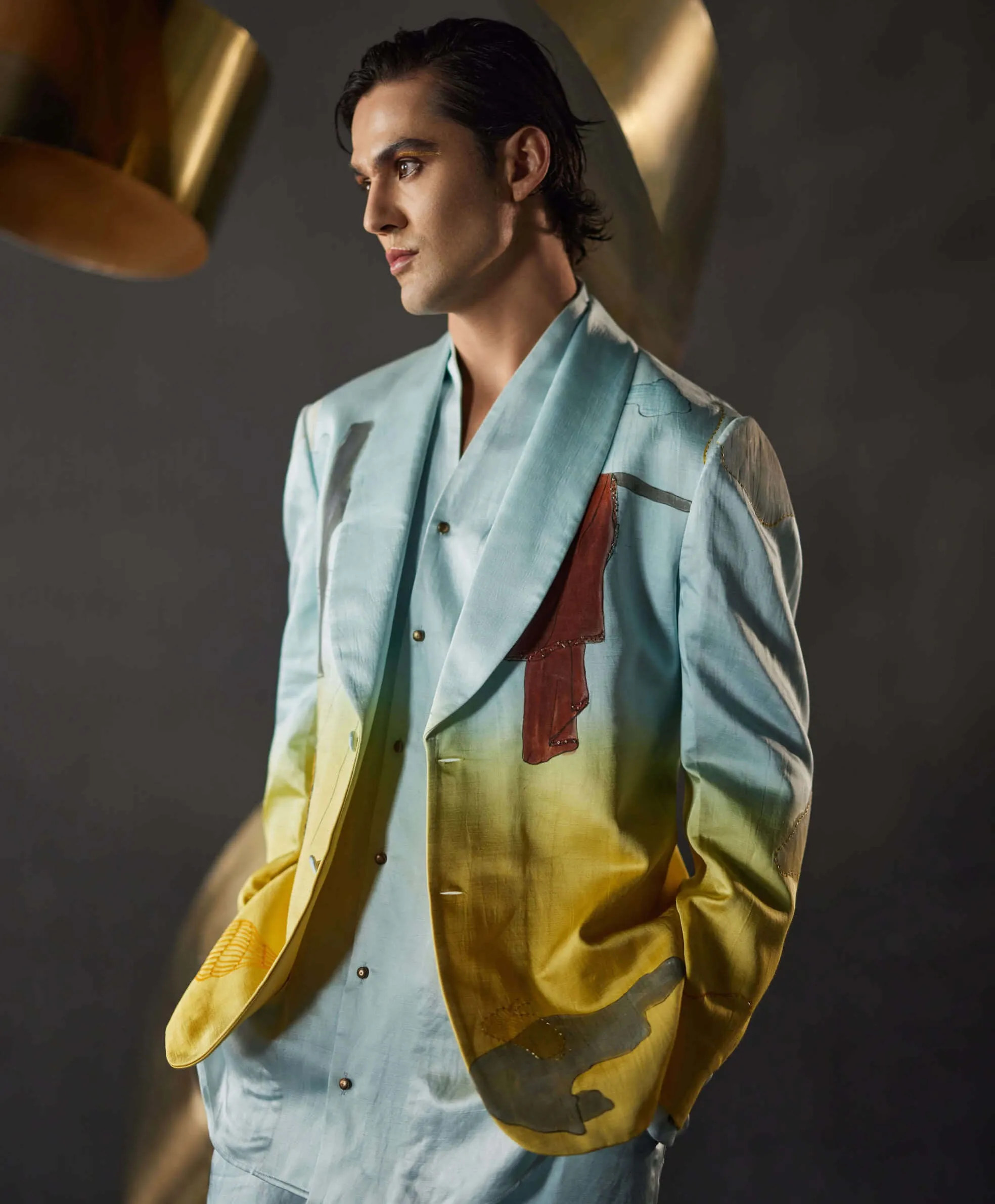 Sky blue and yellow overshirt and trouser set