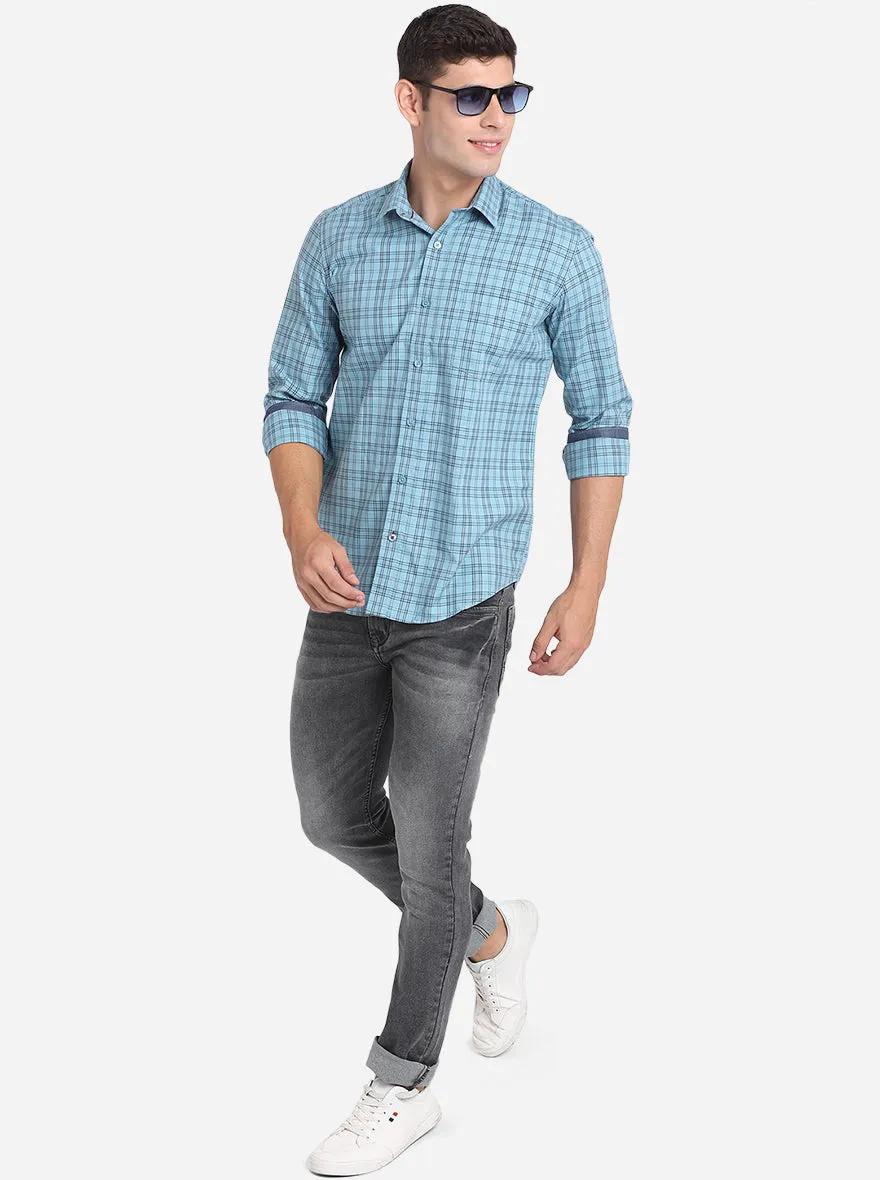 Sky Blue Checked Slim Fit Casual Shirt | JadeBlue