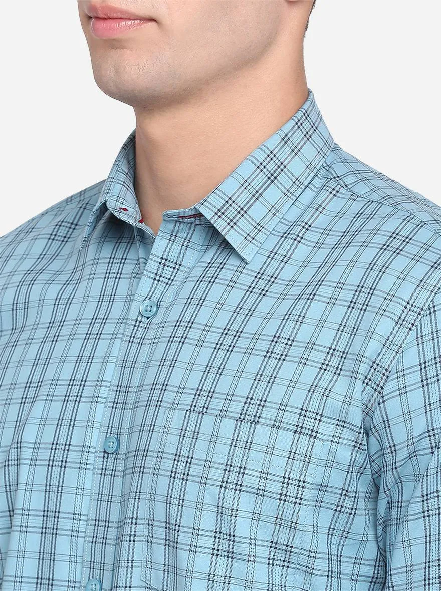 Sky Blue Checked Slim Fit Casual Shirt | JadeBlue