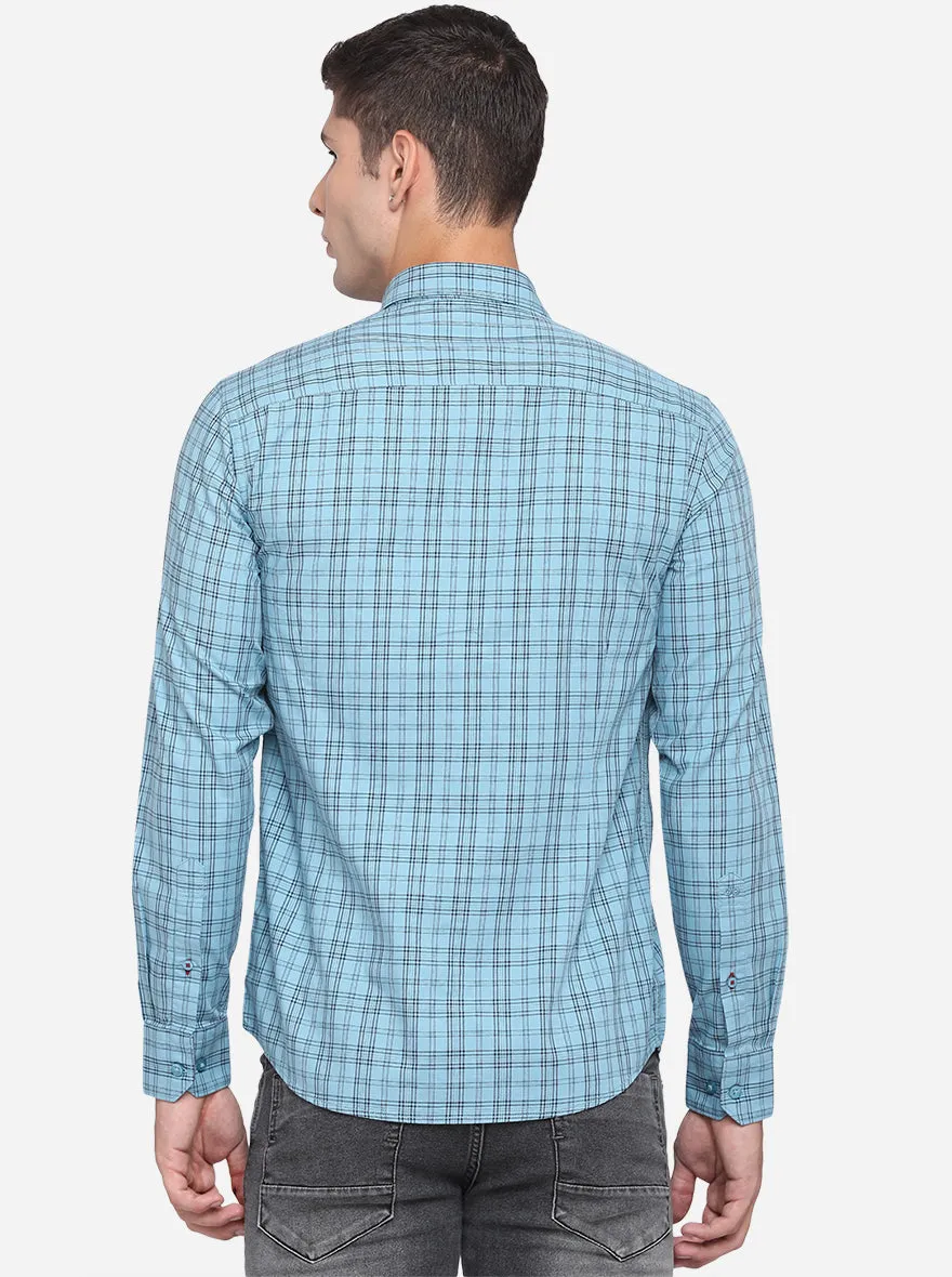 Sky Blue Checked Slim Fit Casual Shirt | JadeBlue