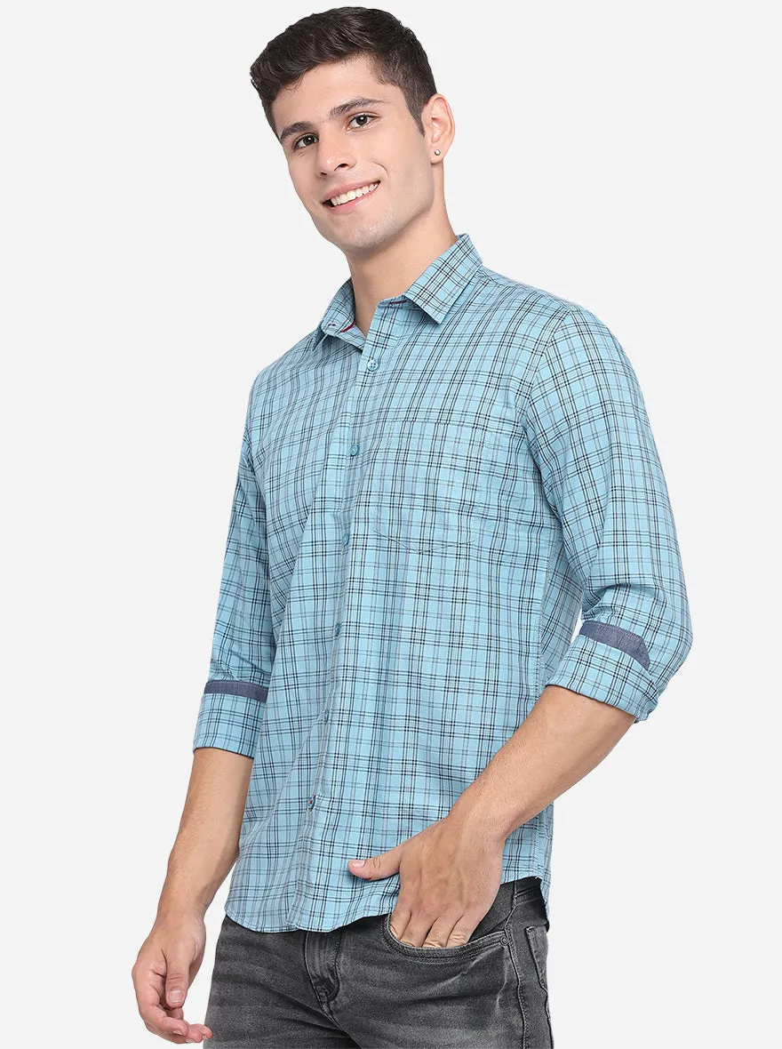 Sky Blue Checked Slim Fit Casual Shirt | JadeBlue
