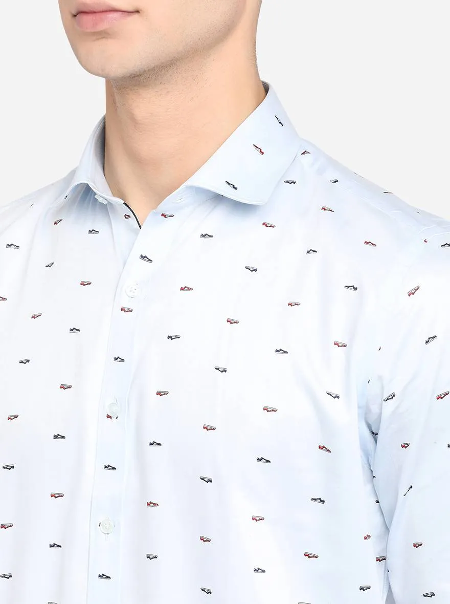 Sky Blue Printed Slim Fit Party Wear Shirt | Greenfibre