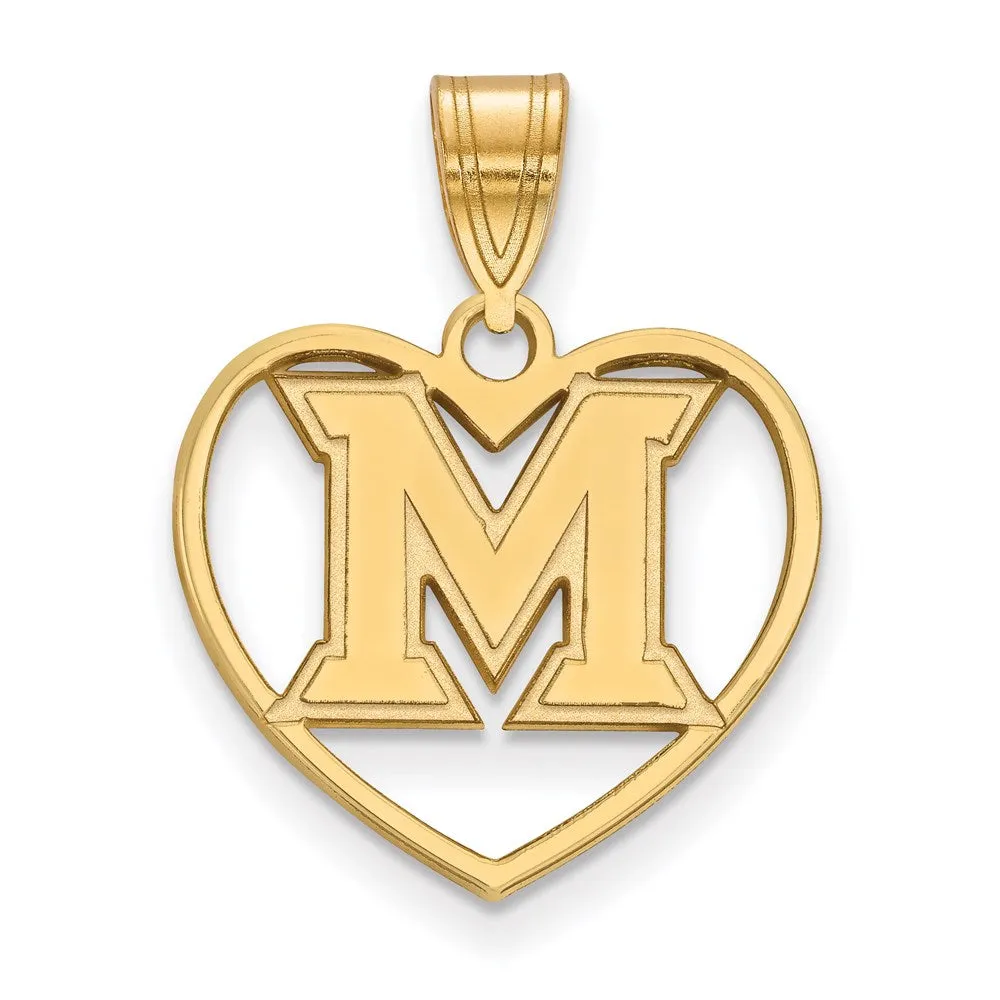 Sterling Silver Gold-plated Miami University Ohio Letter M Heart Pendant