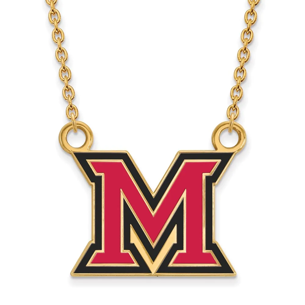 Sterling Silver Gold-plated Miami University Ohio Letter M Large Enameled Pendant 18 inch Necklace