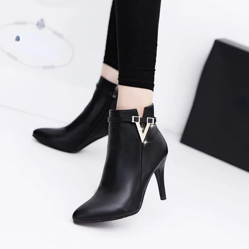 Stiletto Thin High Heels Woman Pointed Toe Pu Leather Zipper Sexy Ankle Women Boot Chelsea