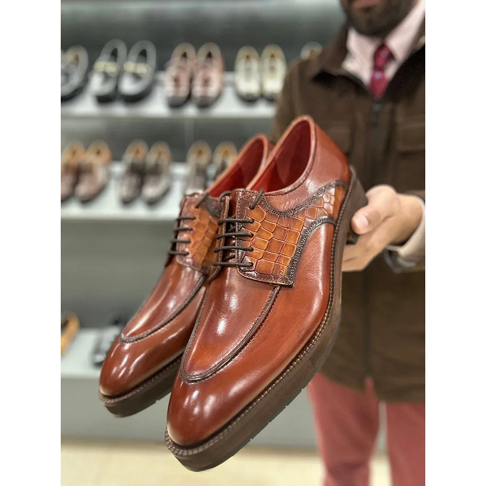 Tan Mirror Glossed Patina Croco Saddle Derby With Extralight Sole