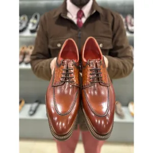 Tan Mirror Glossed Patina Croco Saddle Derby With Extralight Sole